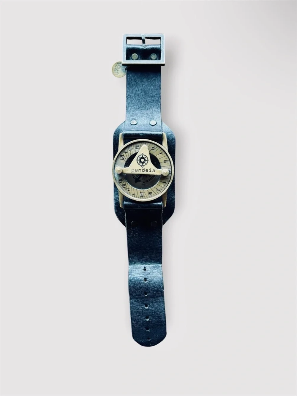 PANDEIA Sundial Watch Black Leather Cuff Bronze Roman Numeral Steampunk Artisan